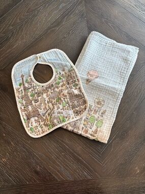 Atelier Choux Light Blue Baby Bib and Muslin Swaddle Set with Parisian Print